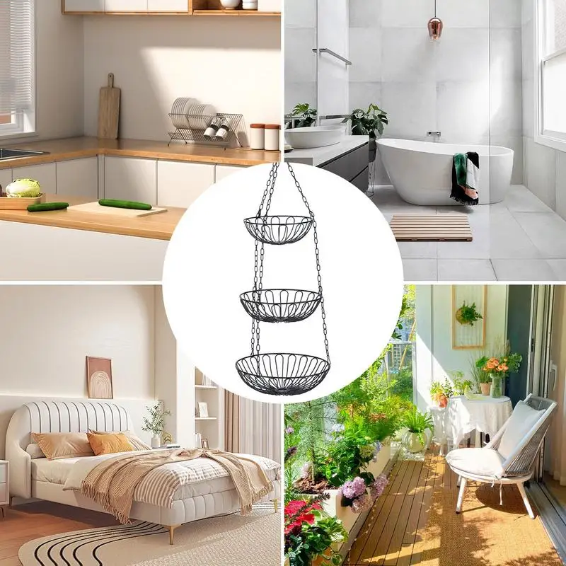 

Black Fruit Bowl Hanging Fruit Basket Vegetables Toiletries Bathroom Storage Rack 3 Layers storage Organizers for Kitchen