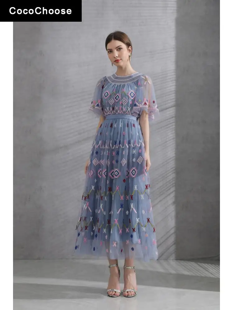 

Luxury Embroidery Dress Summer 2022 Fashion Flare Short Sleeve Elegant Women Maxi Dresses Sheer Mesh Tulle Party Gown Blue Black