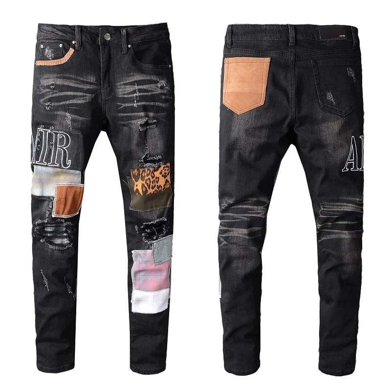 

New Arrival Men's Fashion Black Distressed Slim Streetwear Damage Skinny High Stretch Destroyed Spliced Bandana Ripped Jeans