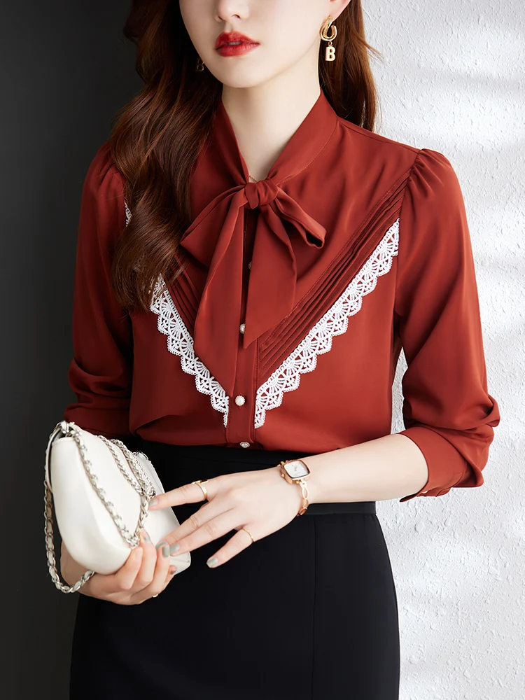 

Long puff sleeve women shirt bow tie neck ruffled pleated lace patchwork office lady formal satin blouses vintage 2022 autumn