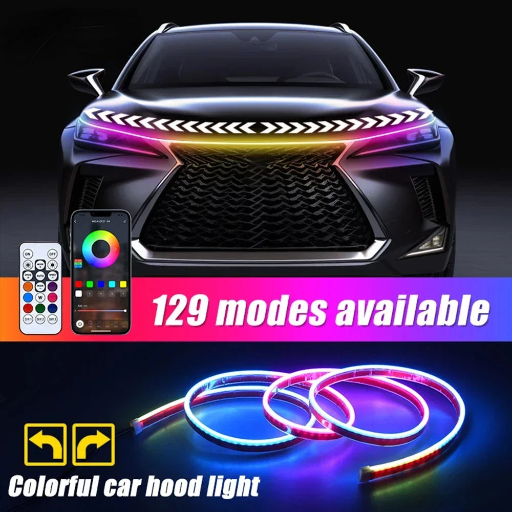 

1.8M 12V Dynamic Turn Signal Lamp Drl Led Light Car LED Daytime Running Light RGB Colorful Car Hood Light Strips APP Control
