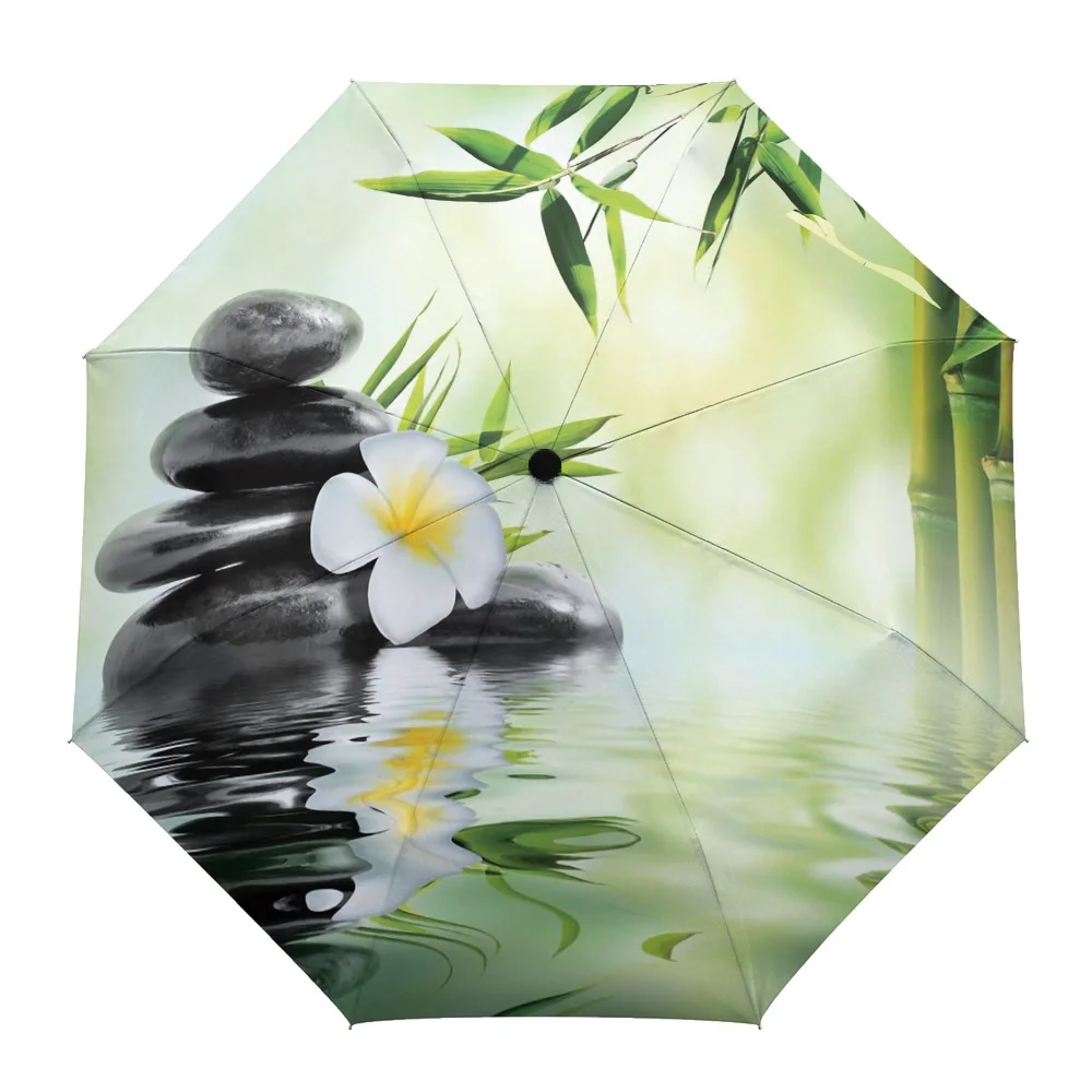 

Bamboo Flowers Stones Rain Foldable Umbrella for Women Males Eight Strands Sunny Umbrella Fully-automatic Umbrella