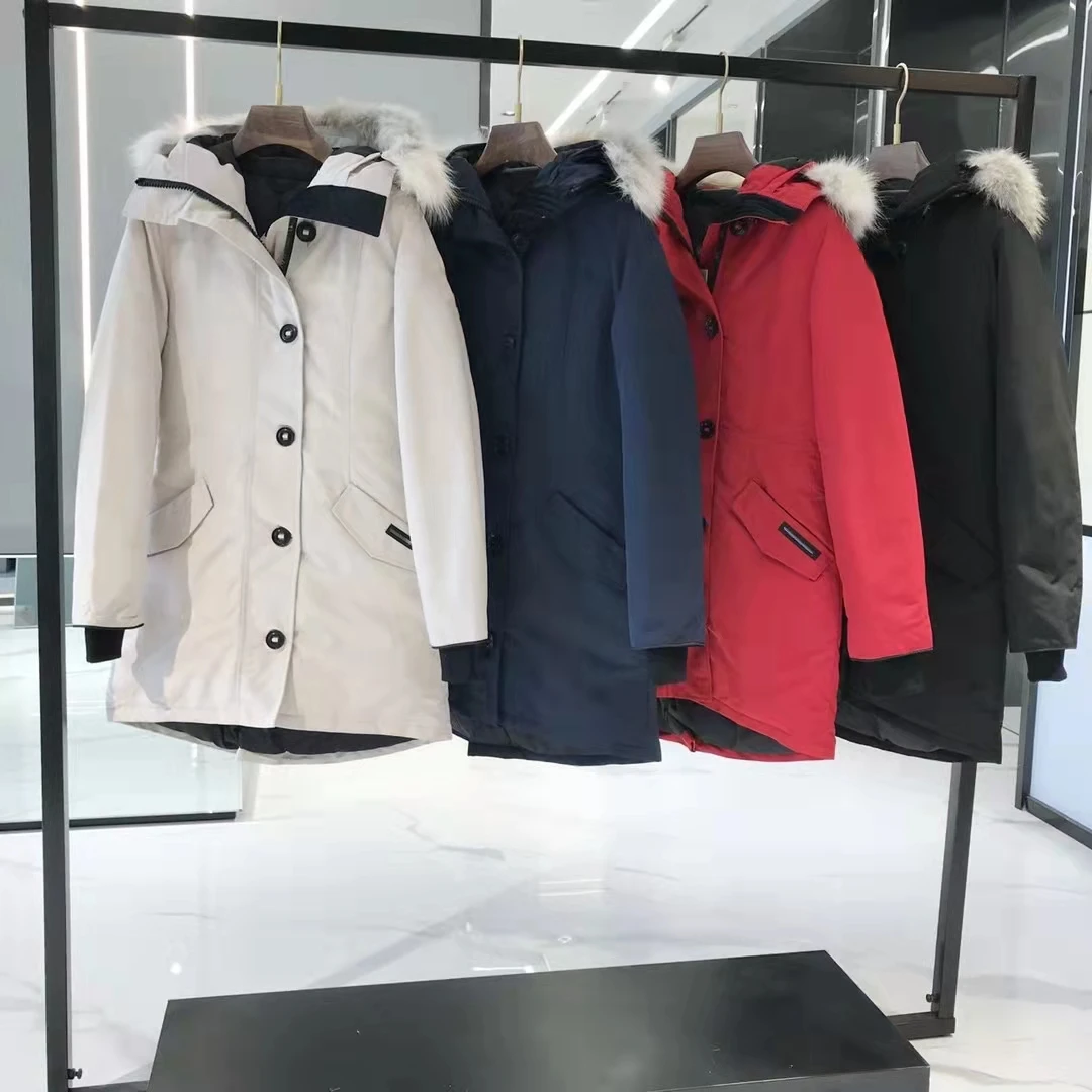 

2022 New Canada Style Women's Mid-Length Simple Casual Hooded Real Fur Collar White Duck Down Jacket