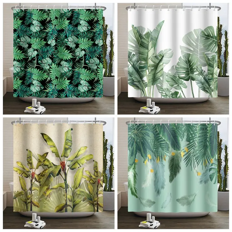 

Tropical Plant Shower Curtains Green Leaf Palm Waterproof Polyester Bathtub Screen Anti-peeping Bathroom Curtain with Hooks