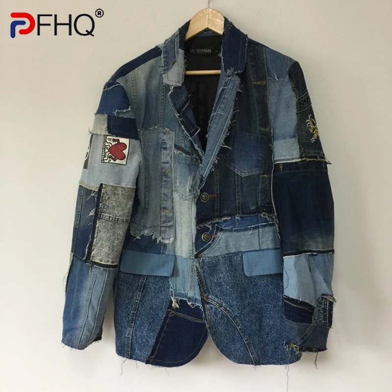 

PFHQ Autumn Men's Heavy Industry Deconstructs Denim Suit Coat High Street Splice Patch Design New Rough Selvedge Jackets 21Z1427