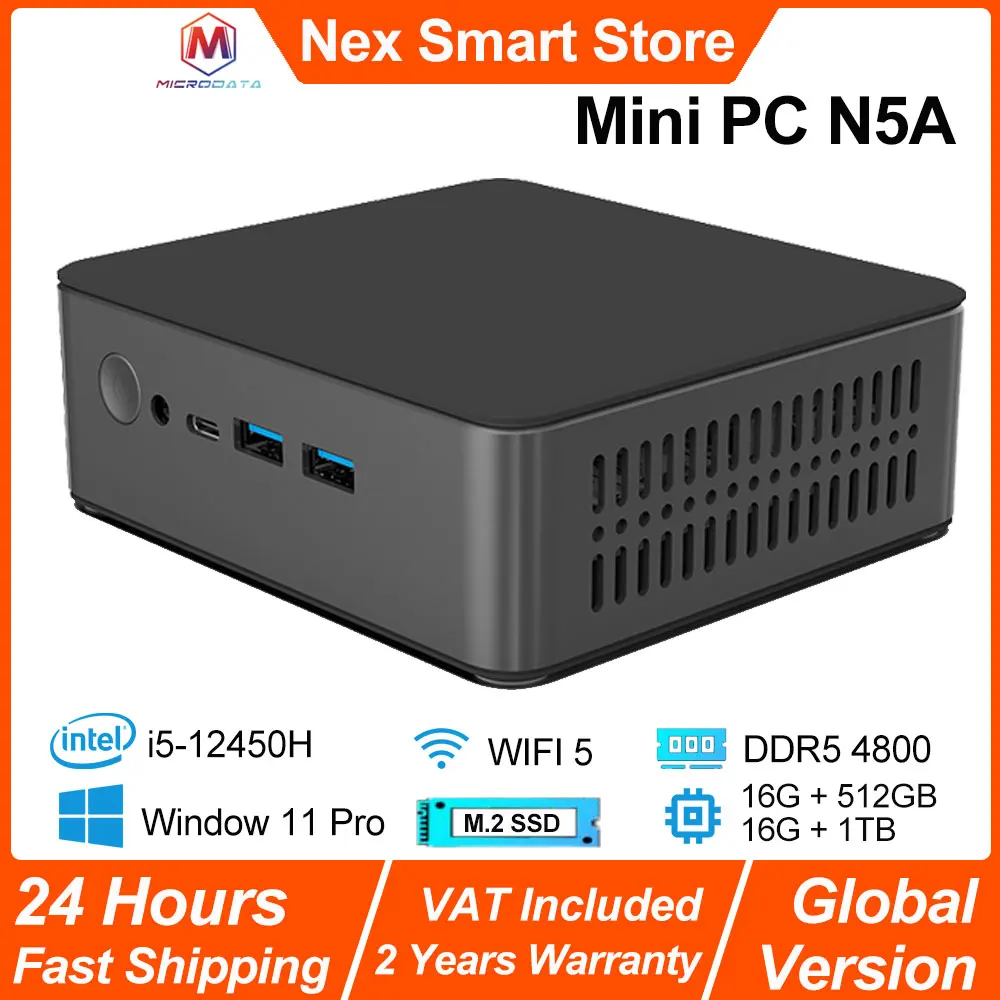 2025 MicroData Mini PC N5A 512G 1TB, Intel i5-12450H 8-cores 12-threads CPU, DDR5 4800 WIFI5, Win 11 Pro M.2 NVME SSD PC Gamer