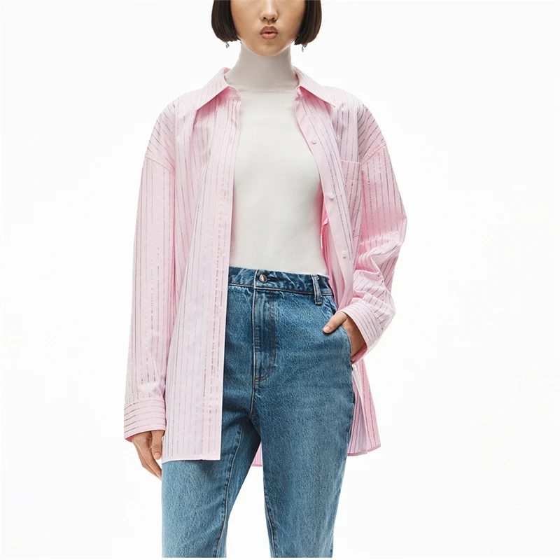 Big-name spring and summer new pink diamond-studded striped lapel long-sleeved shirt women'sfashion casualmid-lengthshirt jacket