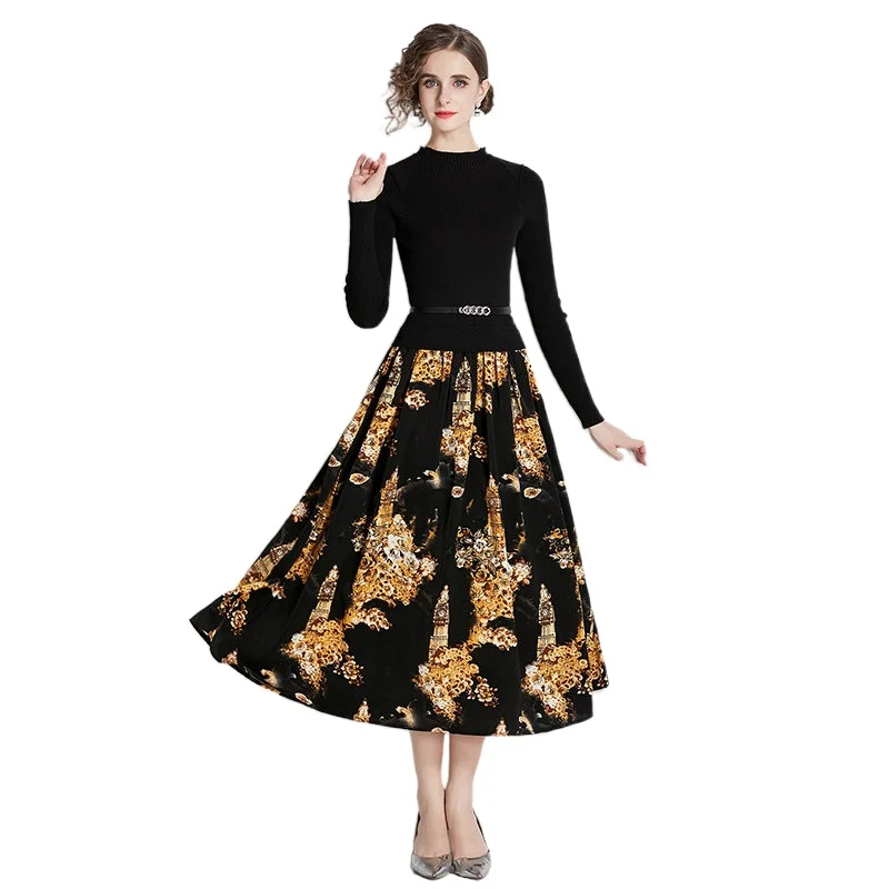 Simgent Women Knitting Patchwork Dress 2022 Autumn Winter Long Sleeve A Line Elegant Vintage Printing Long Dresses SG210104