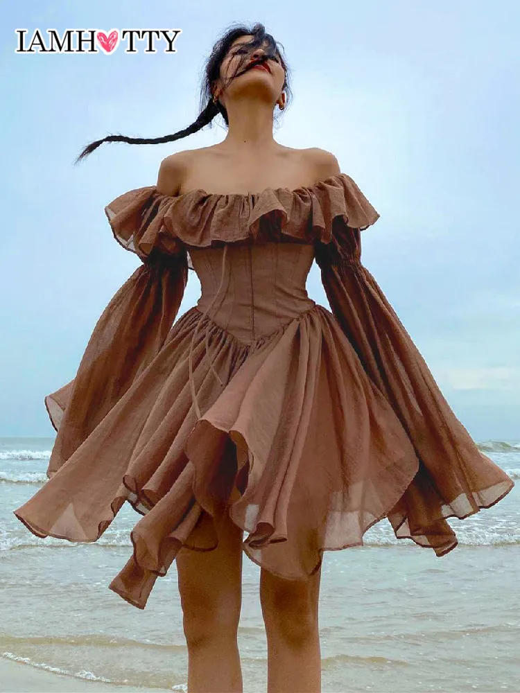 Элегантное шифоновое платье-корсет IAMHOTTY коричневые расклешенные мини-платья с