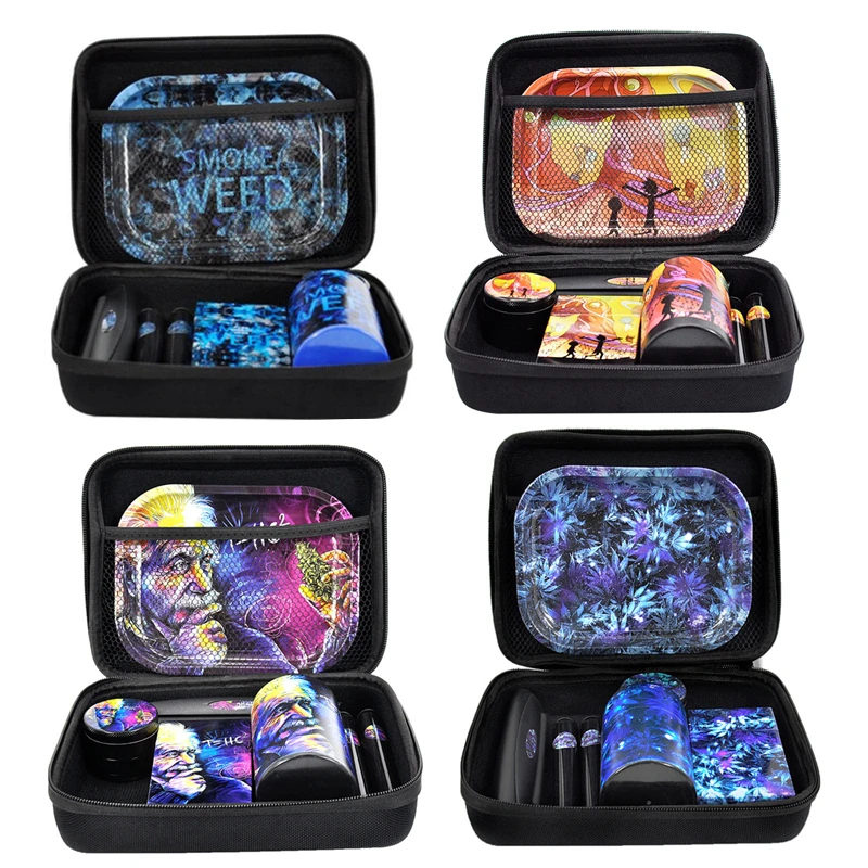 

Tobacco Kit Metal Rolling Tray Set Airtight Herb Container Zinc Alloy Herb Grinder With Tobacco Bag Rolling Machine Set Men Gift