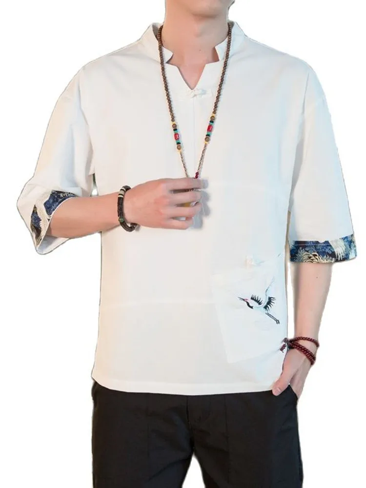 

Summer New Short Sleeve V-neck Animal Printed T-shirt Men's Fashion Retro Pure Cotton Washed Old Loose Couples Casual Tops
