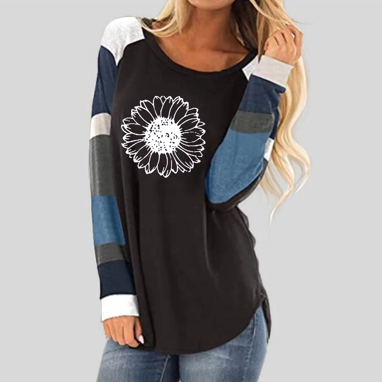 

Женская модная футболка с длинным рукавом, Повседневная футболка с круглым вырезом и длинным рукавом, хлопковые футболки для женщин, нескол...