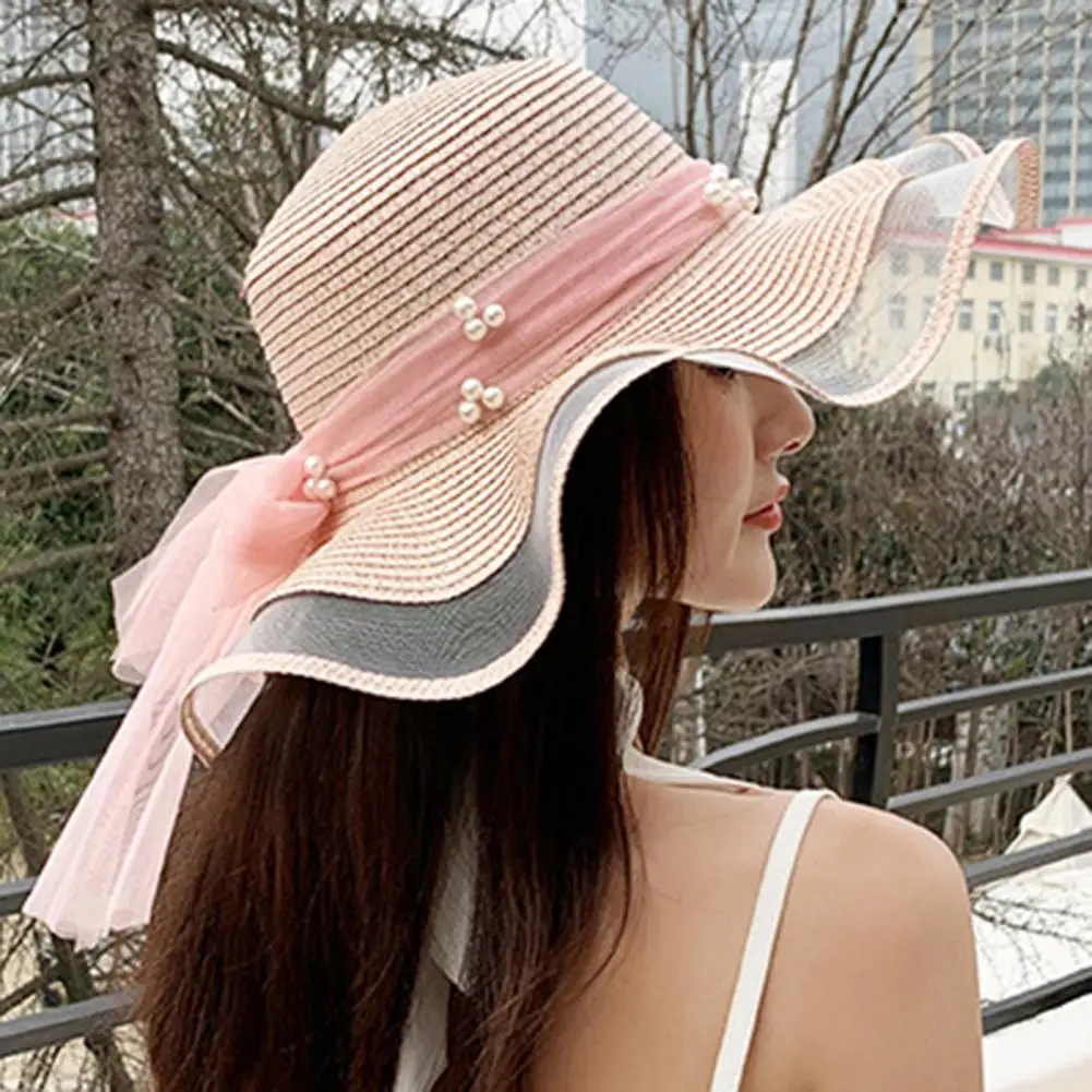 

Sun Hat Large Brim Sun Protection Ruffle Edge Bow Ribbon Faux Pearl Decor Summer Women Straw Hat Beach Straw Hat for Women