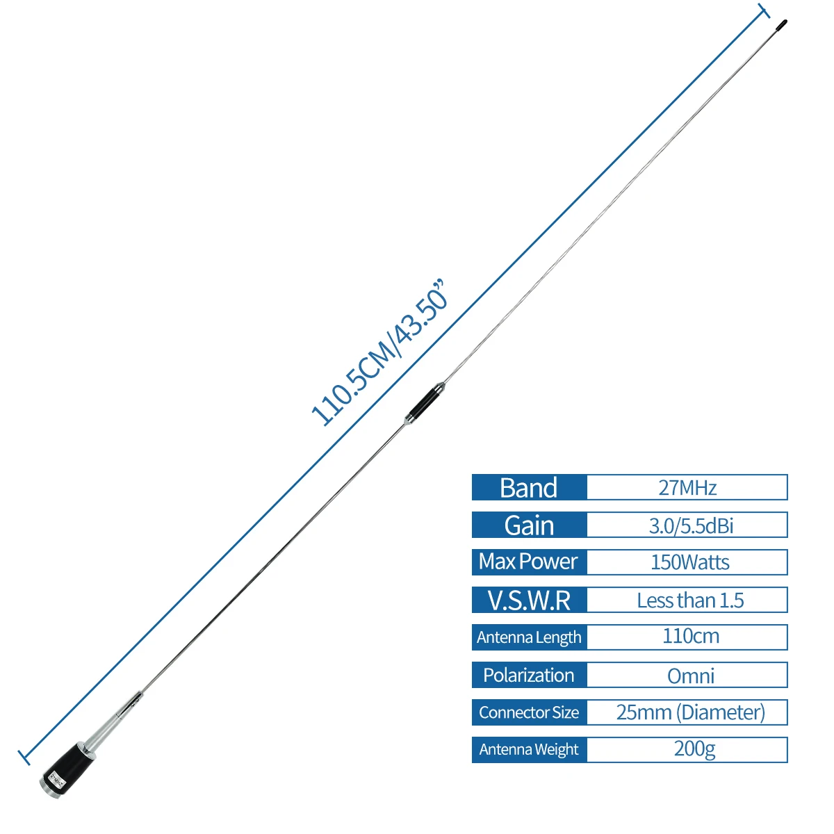 ABBREE CB-04 CB Antenna 110CM Radio 27MHz PL259 Male Compatible with Vehicle Car Truck Mobile |