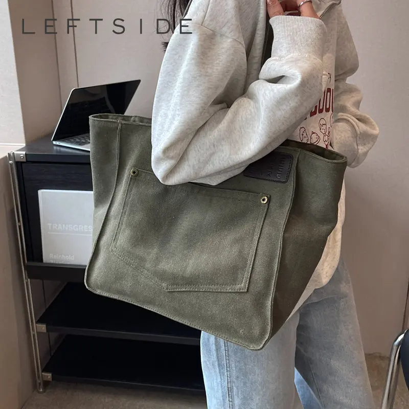 

Большая Холщовая Сумка-тоут LEFTSIDE в Корейском стиле для женщин, весна 2023, повседневные женские сумки, простая вместительная сумка через плеч...