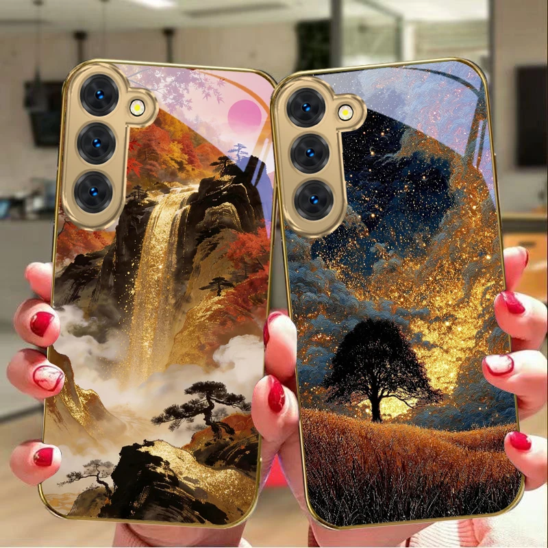 Фото Чехол для телефона Samsung Galaxy S26 S20 FE S21Plus S22 23 Plus S24 Ultra S25 S21+ S9+ 22Plus из золотого стекла с дизайном «Море и небо на закате» №5