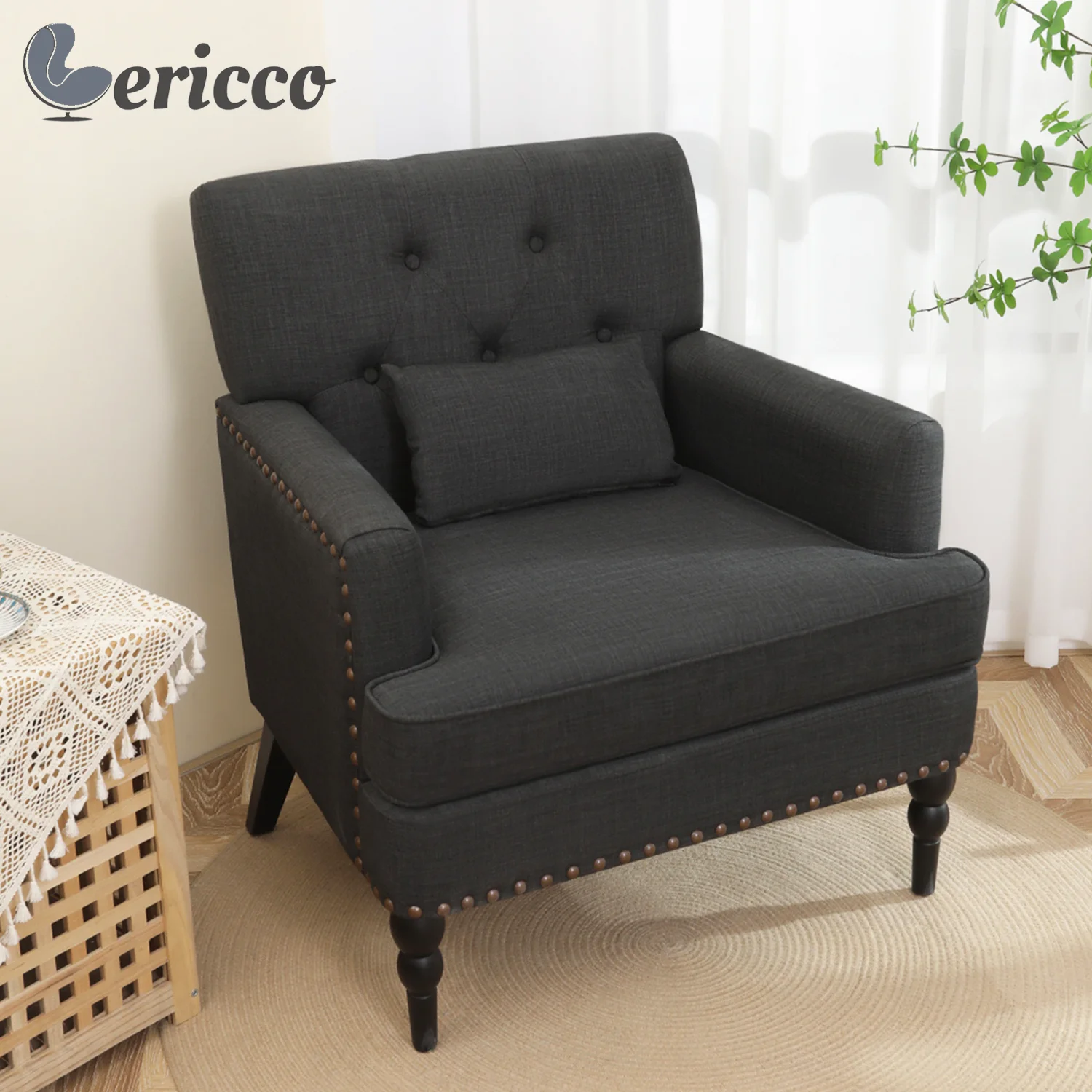 

GERICCO Nordic Chairs Upholstered Club Chair Modern Lounge Sofa Chair with Pillow Button Tufted Rivet Comfy Armchair for Bedroom