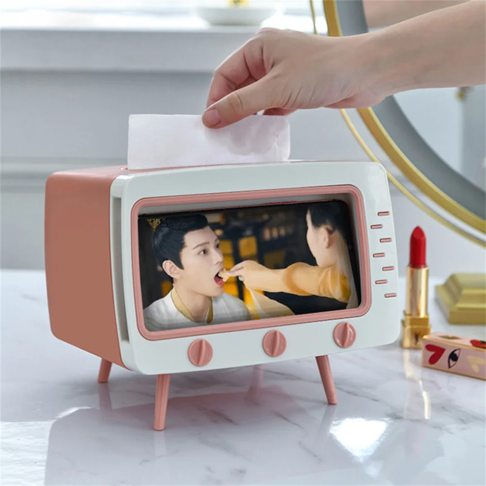 

2 In 1 Tissue Box Creative TV-shaped Tissue Box Home Office Desktop Paper Storage Box Napkin Case Organizer With Phone Holder