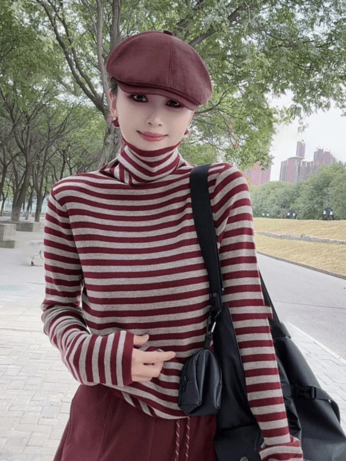 Ozhouzhan Ankela Red Pile Collar Autumn and Winter Versatile Striped Cotton T-shirt Women Western Sle Loose Long sleeve Top |