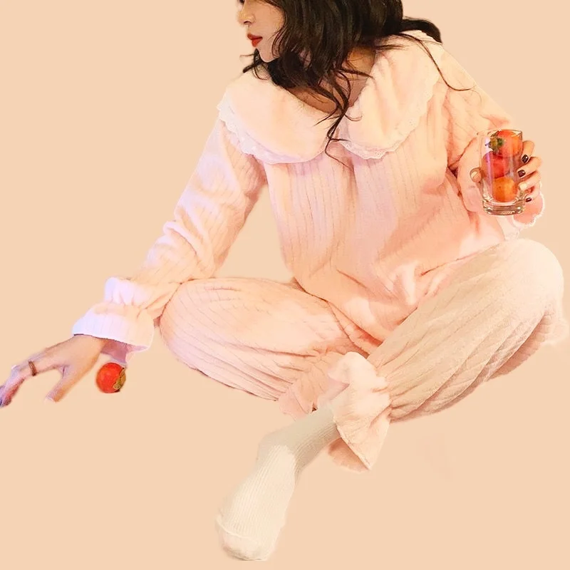 Sexy Bow Homewear Women's Winter Pajamas Set Women Sweet Princess Full-Sleeve Warm Pink Pyjamas Top Clothes Big Size