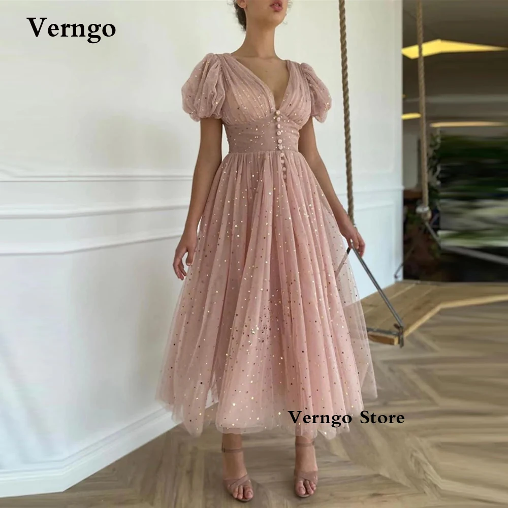 

Verngo Raffia Cream Pink Tulle With Gold Stars Formal Party Dresses Short Sleeves V Neck Cinched Waist Tea Length Prom Gowns