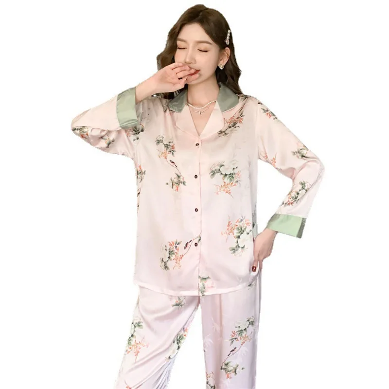 2023 Spring and Autumn New Pajamas Women's Artificial Silk Jacquard Long-Sleeved Trousers Cardigan Homewear Suit