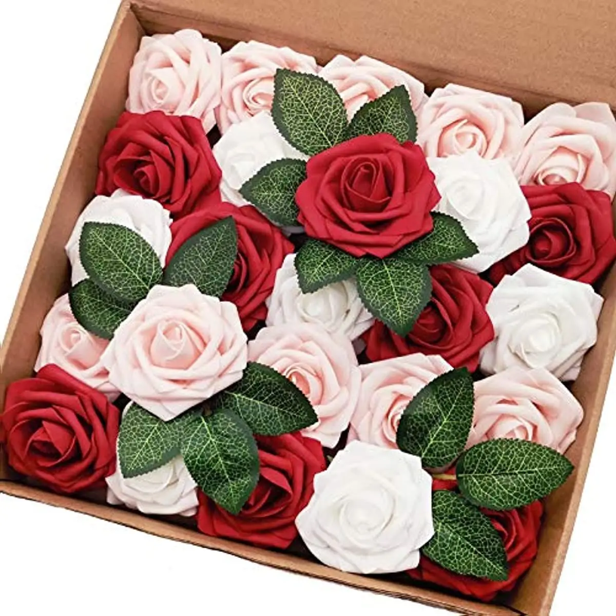 

Mefier Home Artificial Flowers 25pcs Real Looking Mixed Colors Dark Red Blush White Fake Roses with Stem for DIY Wedding