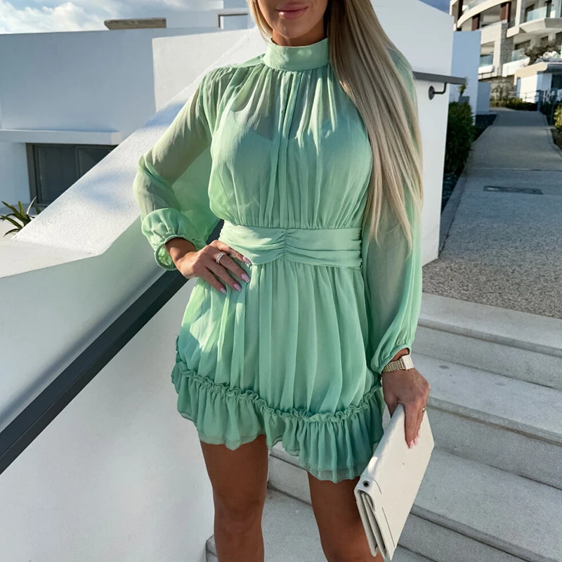 

Женское шифоновое платье с длинным рукавом, элегантное однотонное ТРАПЕЦИЕВИДНОЕ ПЛАТЬЕ-мини с оборками и подкладкой, в стиле Харадзюку, ле...