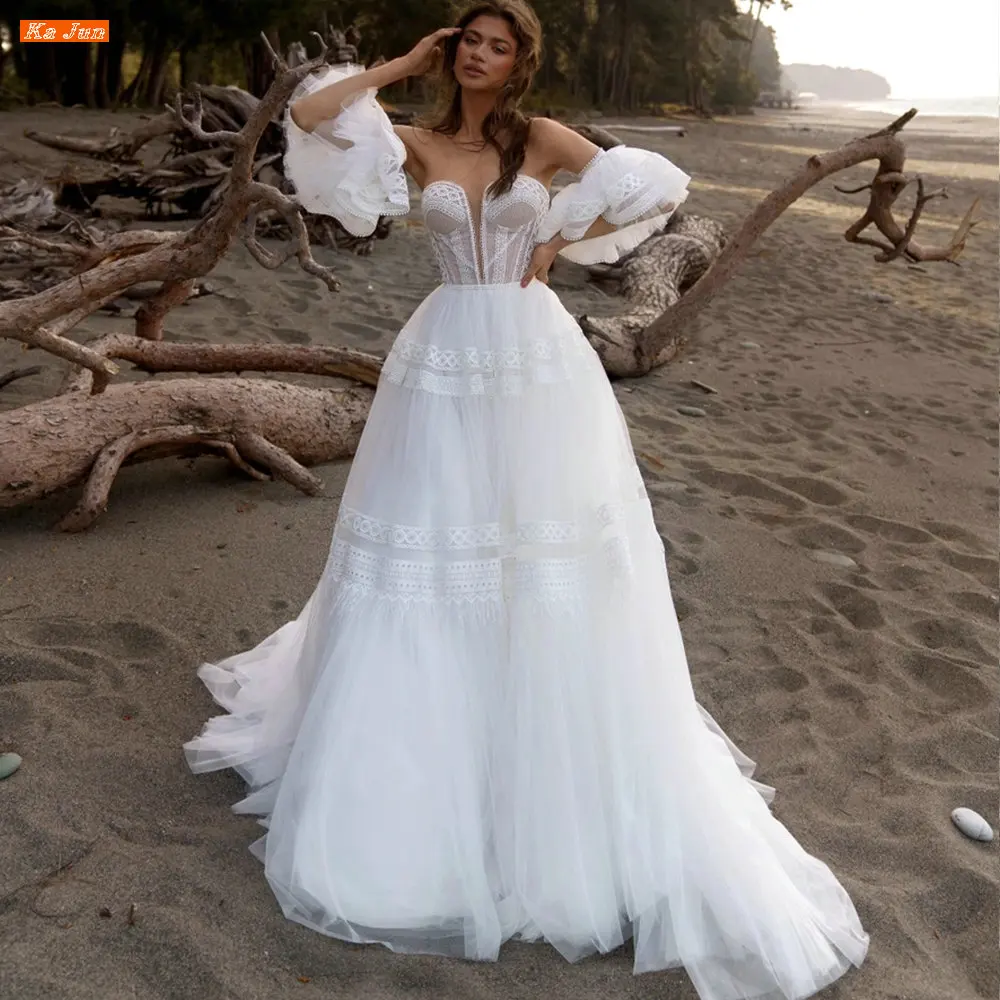 

KA JUN Beach Lace Tulle Sweetheart A Line Wedding Dress Robe De Mariée Vestidos De Noiva Removable Puff Sleeves Bridal Gown