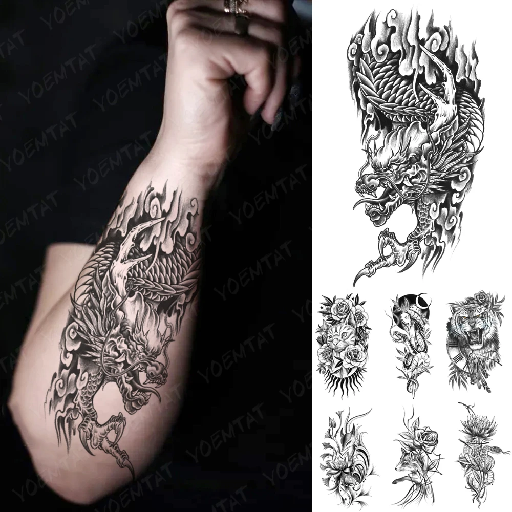 

Chinese Black Flying Dragon Waterproof Temporary Tattoo Sticker Snake Totem Men Flash Tattoos Women Arm Leg Body Art Fake Tatoo