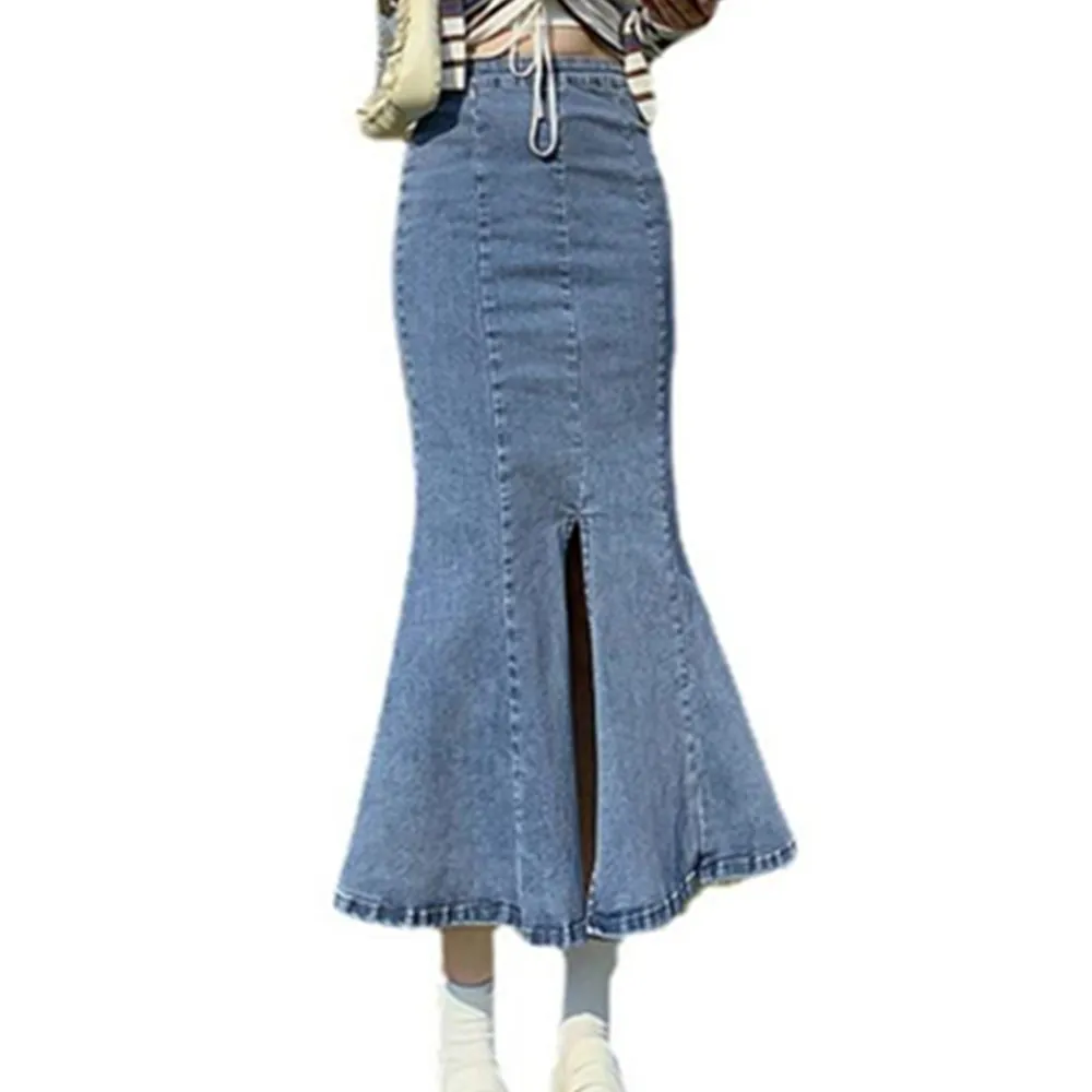 

High Waist Split Mermaid Skirts Women Vintage Slim Hem Ruffles Mid-length Bag Hip Denim Skirt Elegant Mujer Faldas Casua