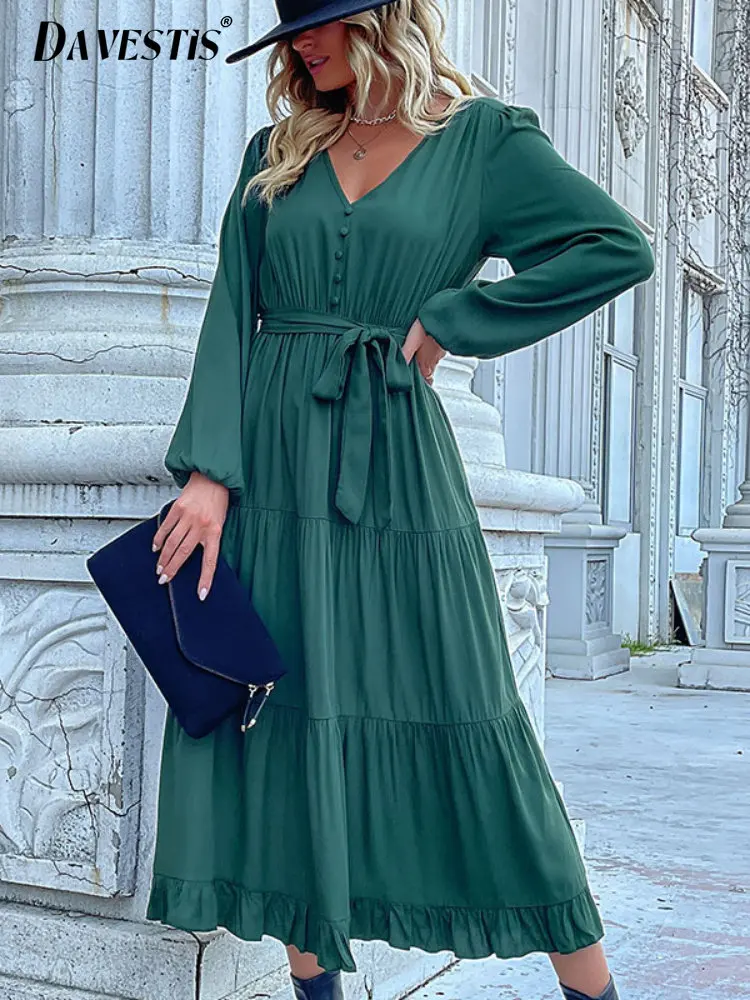 

Green Casual Dress for Women's 2023 Spring Summer Loose V-neck Pleated Long Sleeve Dresses Ladies Tie Waist Slimming Midi Dress