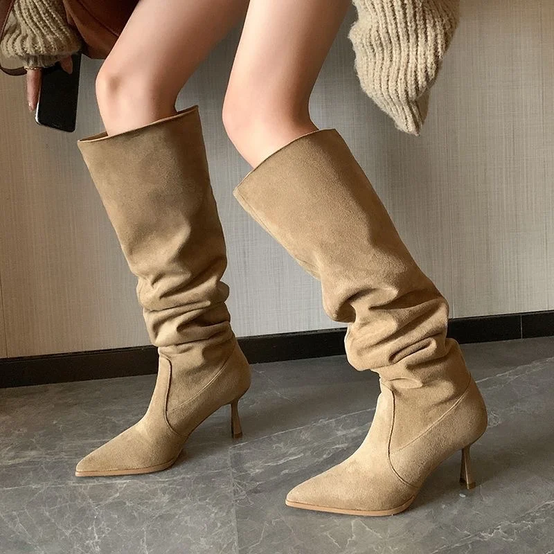 

2023 Hot Sale Shoes Female Knee-High Women's Boots Sexy Party Boots Women Solid Slip-on Pointed Toe Heeled Shoes Ladies Zapatos