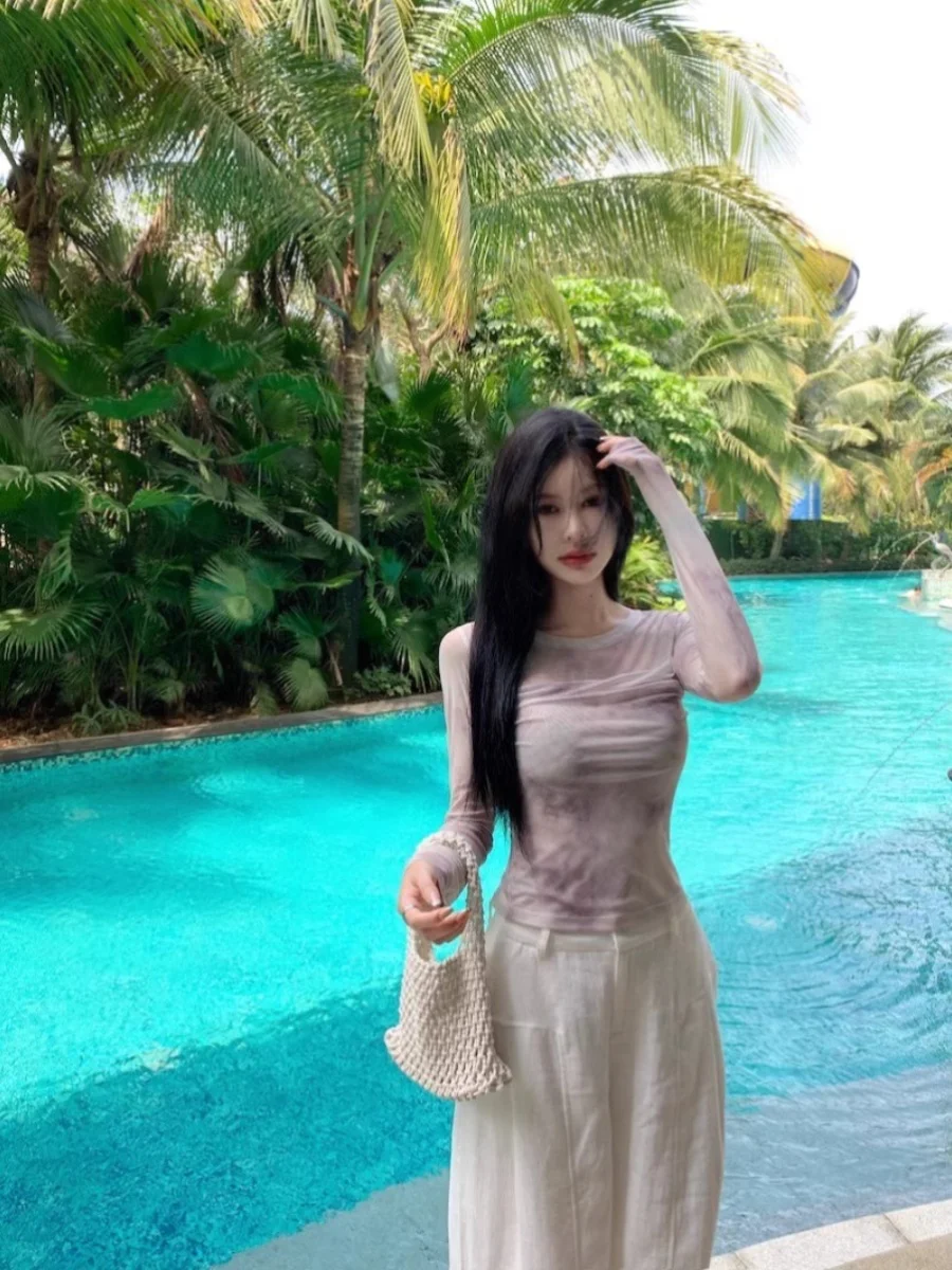 Микро-перспективная летняя Цветущая сетка с круглым вырезом облегающая футболка