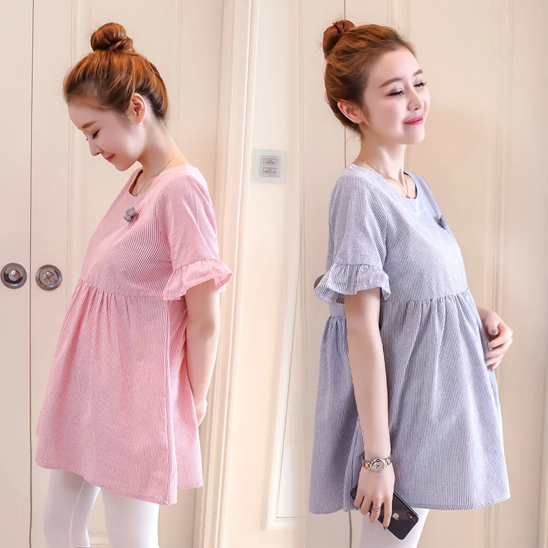 High Waist Short Flare Sleeve O-Neck Maternity Stripes Shirts Fashion Loose Pregnant Women Cotton And Linen Blouses Sweet Tops