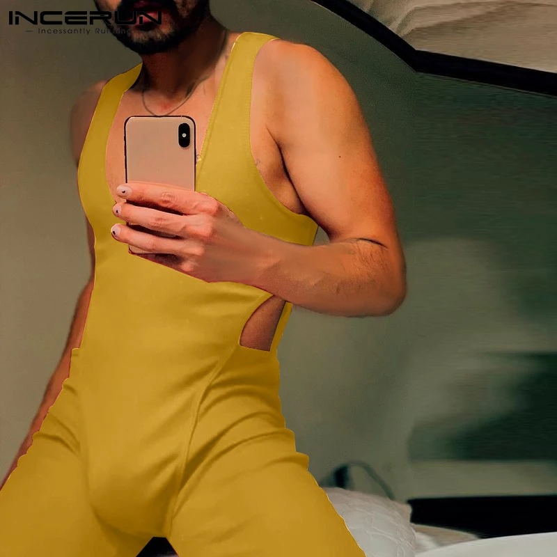 INCERUN Comfortable Homewear Men's Onesies Furnishing Side Hollow Rompers Sexy Leisure Low Collar Hot Sale Jumpsuits 2023 S-5XL