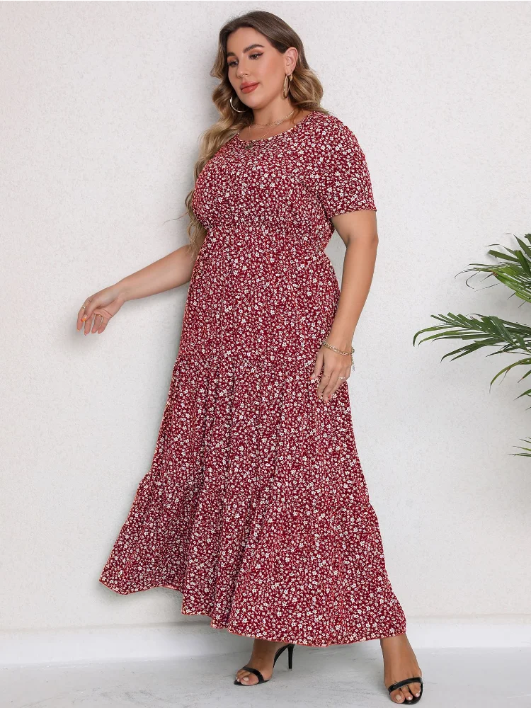 Plus size women summer new short-sleeved round neck dress long skirt plus size dresses summer dress women