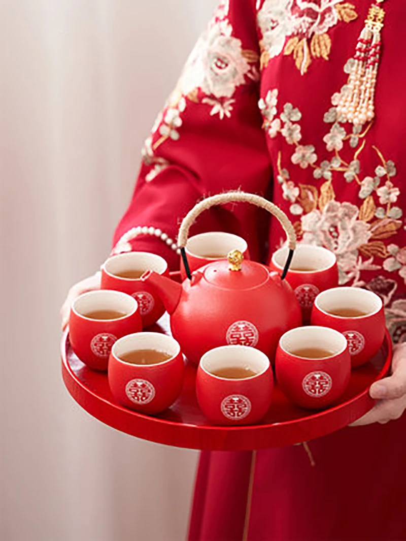 

Ceramics Chinese Traditional Red Wedding Double Happiness Teapot Teacup Porcelain Tea Ceremony Set Teaware Luxury Gifts with Box