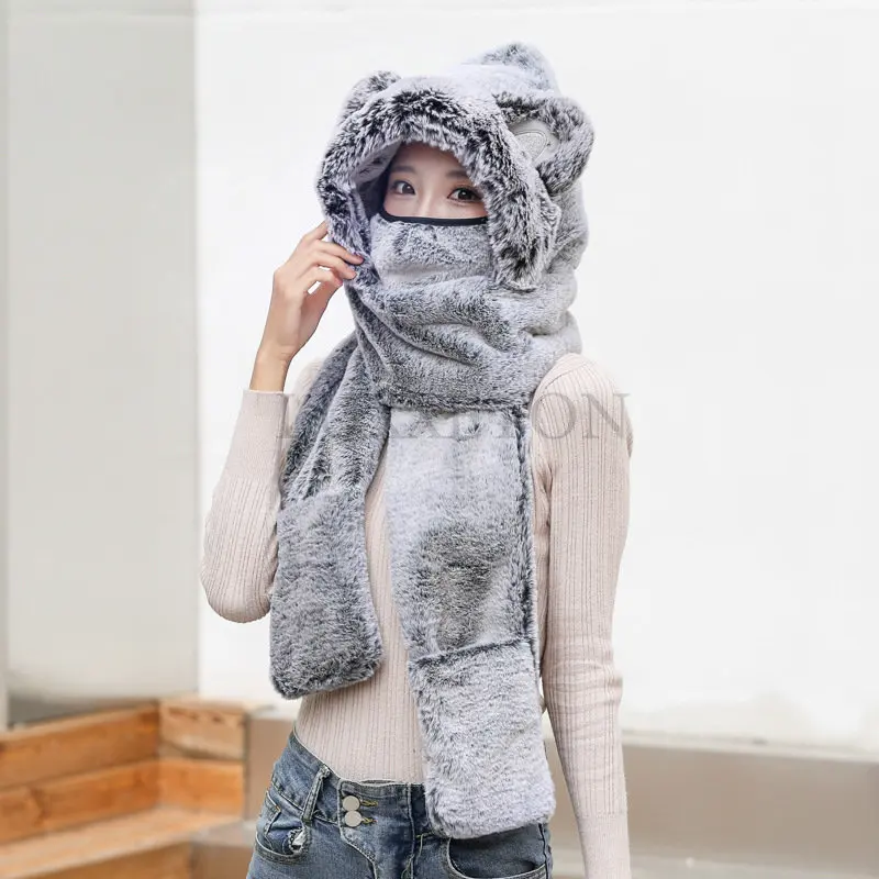 

Зимняя меховая шапка зимняя шапка женская Милая женская универсальная зимняя шарф интегрированные теплые перчатки нагрудник комплект из т...