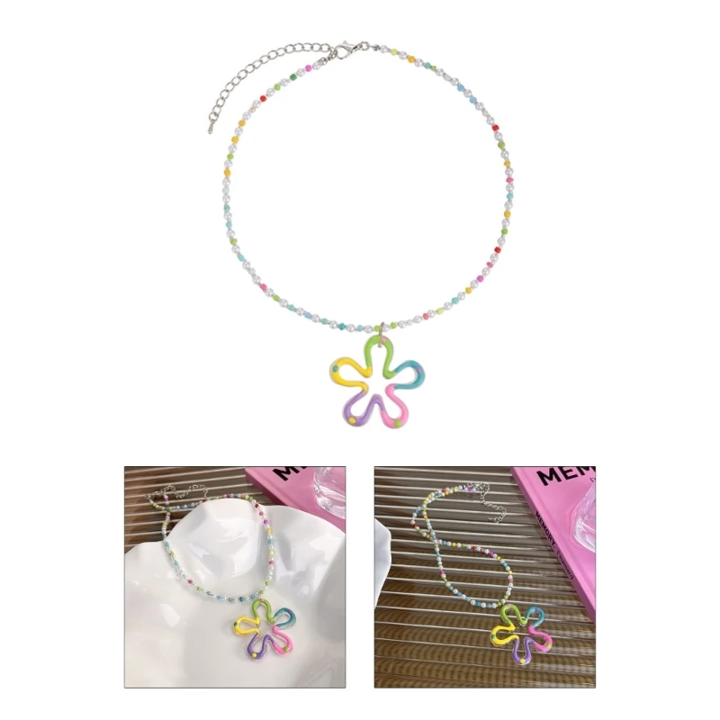 

Flower Beaded Choker Necklace with Pearls Cute Floral Charm Clavicle Chain Perfect for Women Girl Colorful Bead Chain