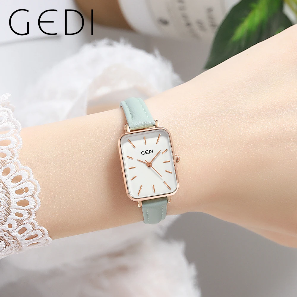 GEDI Minimalist Ladies Fashion Quartz Wrist Watches Luxury Brand Waterproof Rectangle Women Watches Leather Strap Montre Femme