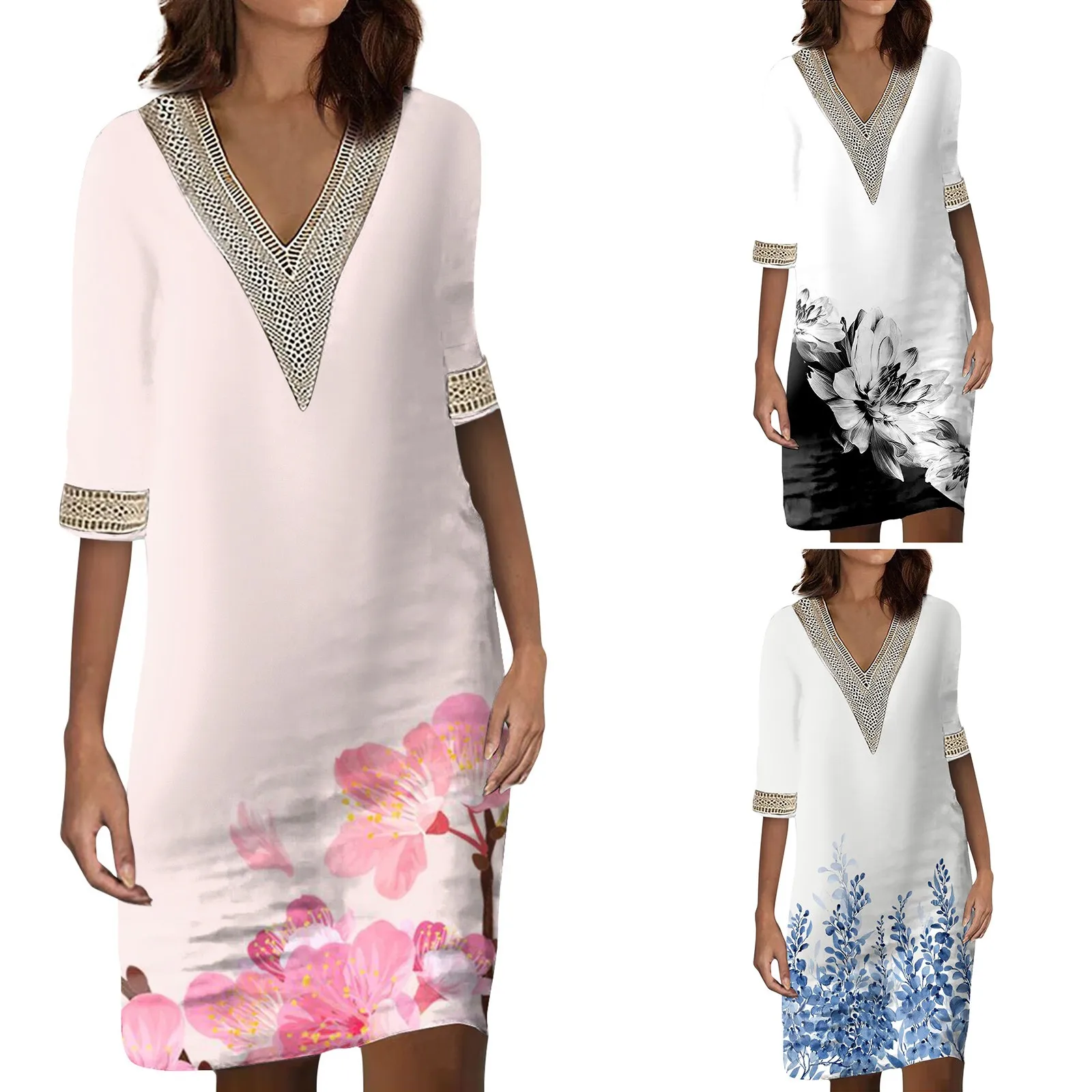 

Cotton Maxi Dresses for Women Casual Women's Floral V Neck Medium Sleeved Casual Dress Women Party Dresses