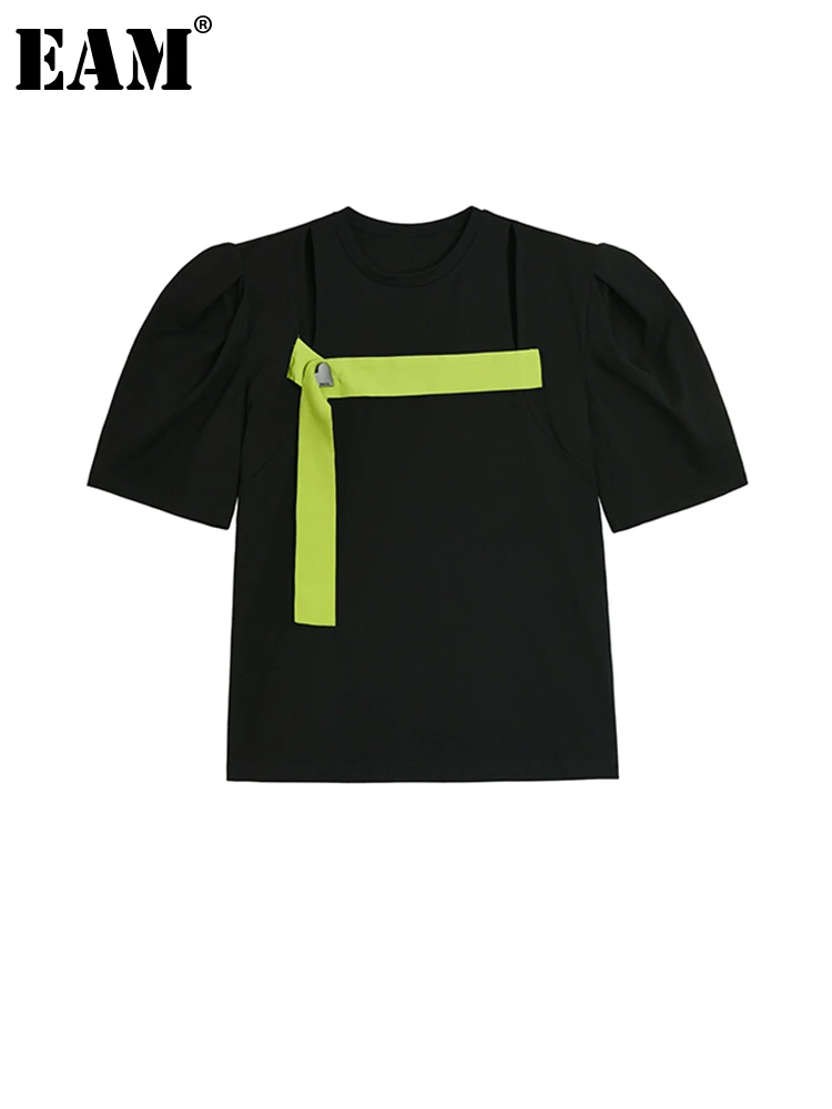 

[EAM] Women Black Ribbon Color-block Casual T-shirt New Round Neck Short Sleeve Fashion Tide Spring Summer 2022 1DE9104