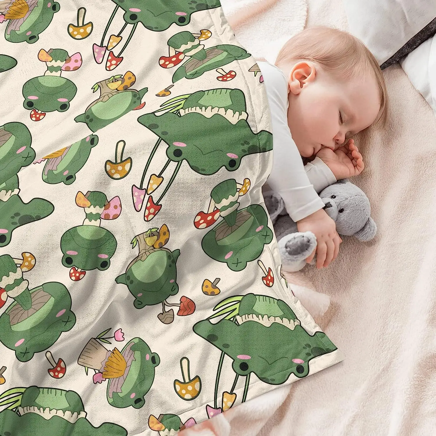 Фланелевое флисовое покрывало в виде грибов и лягушек легкий милый уютный