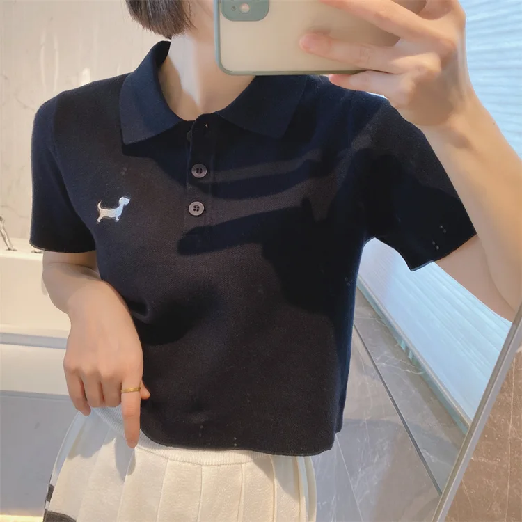 

Korean Style Spot 2022 Summer TB Puppy Jacquard Polo Shirt Short-sleeved T-shirt Women's High Waist Cropped Navel Short Top