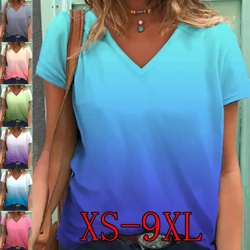 

2022 женская модная повседневная футболка с градиентом цвета, свободные базовые Топы с V-образным вырезом, рубашки