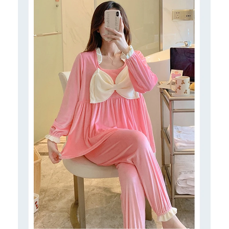 Winter Spring Women Girl Pajamas Fashion Cute Solid Color Velvet Sleepwear Sets Home Clothes