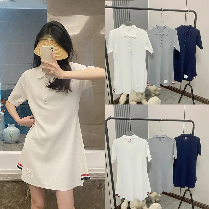 

High Quality TB Korean Fashion Dress Polo Shirt Summer Short Sleeve Pullover Long Skirt College Sweet Solid Color A-line Skirt