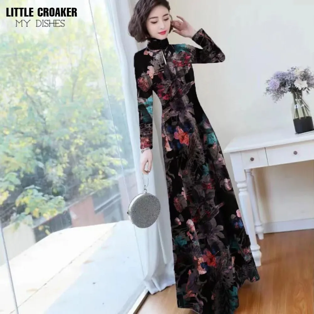 Женское платье-Ципао с цветочным принтом и длинным рукавом