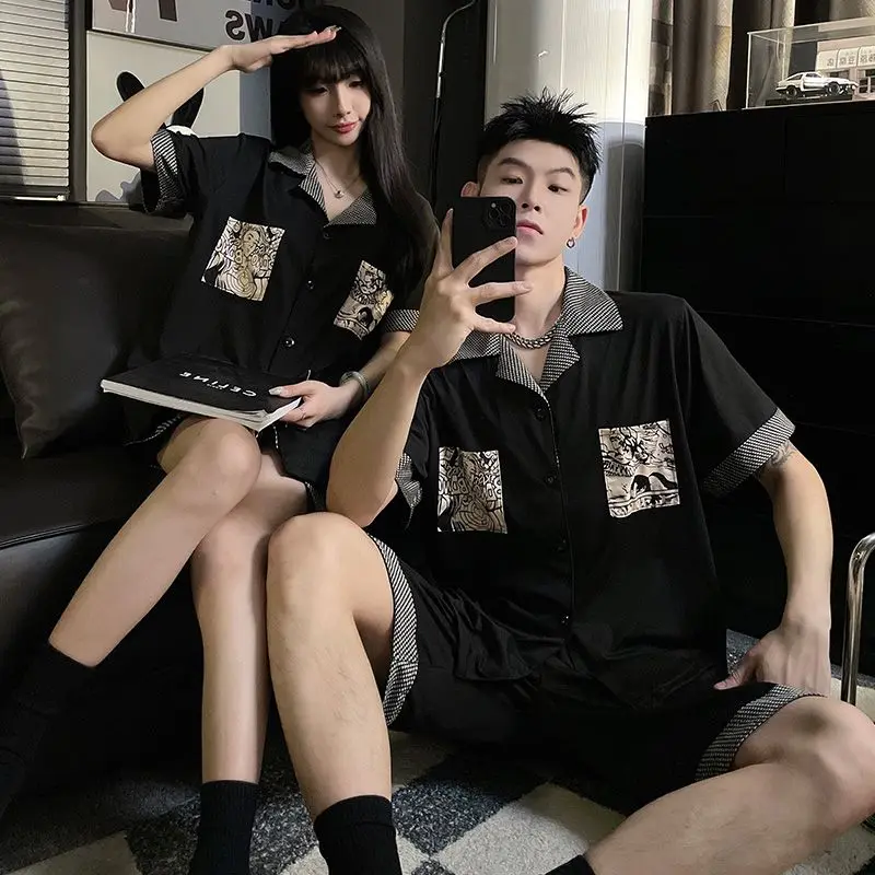 1 Couple pajama women's thin summer short sleeve cardigan new cotton striped men's lapel summer loungewear set